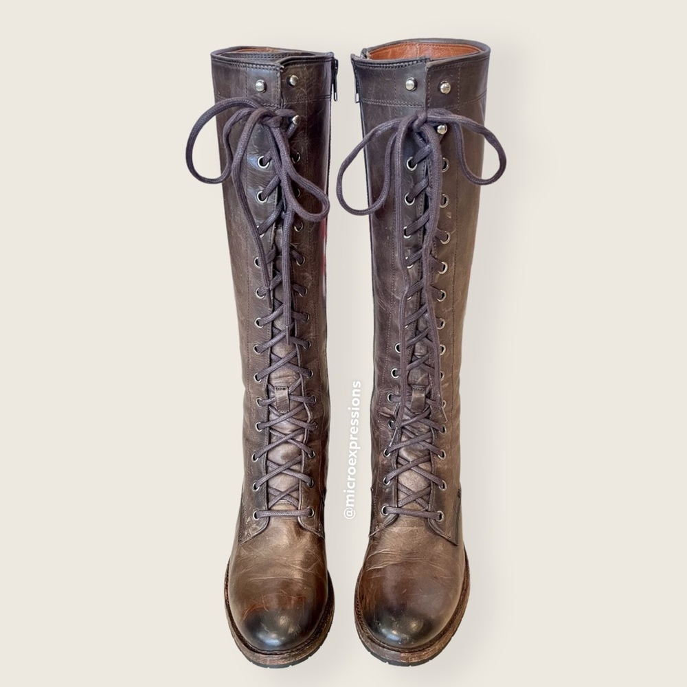 KATNISS Frye Melissa Tall Brown Leather Lace Up Knee High Vintage Riding Boot - Picture 9 of 16